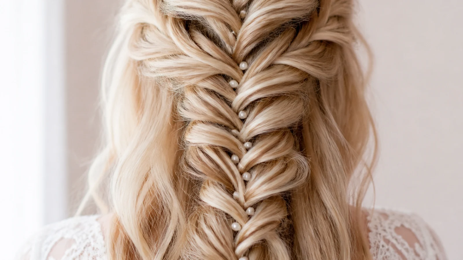 Pearl headed pins set into the open loops of a bridal braid