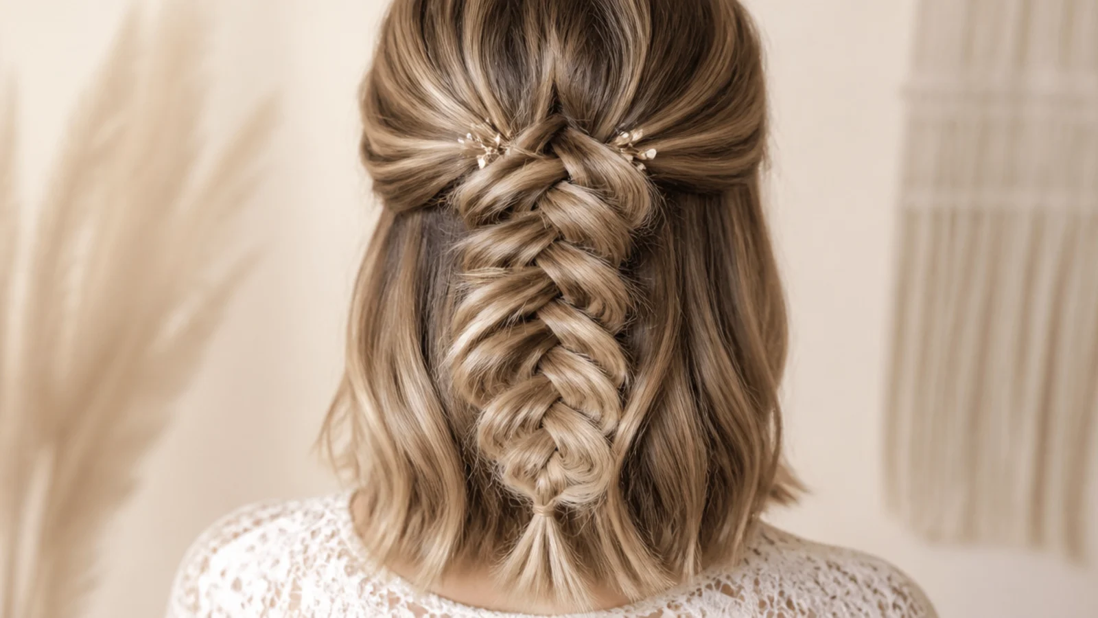 A short fishtail braid on shoulder length hair