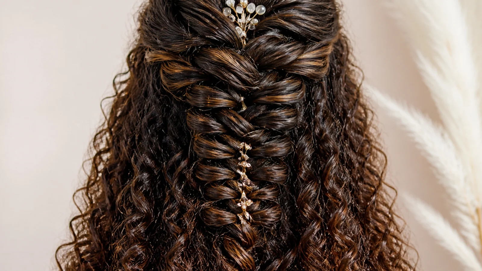 A fishtail braid worked through curly hair with coils loose below