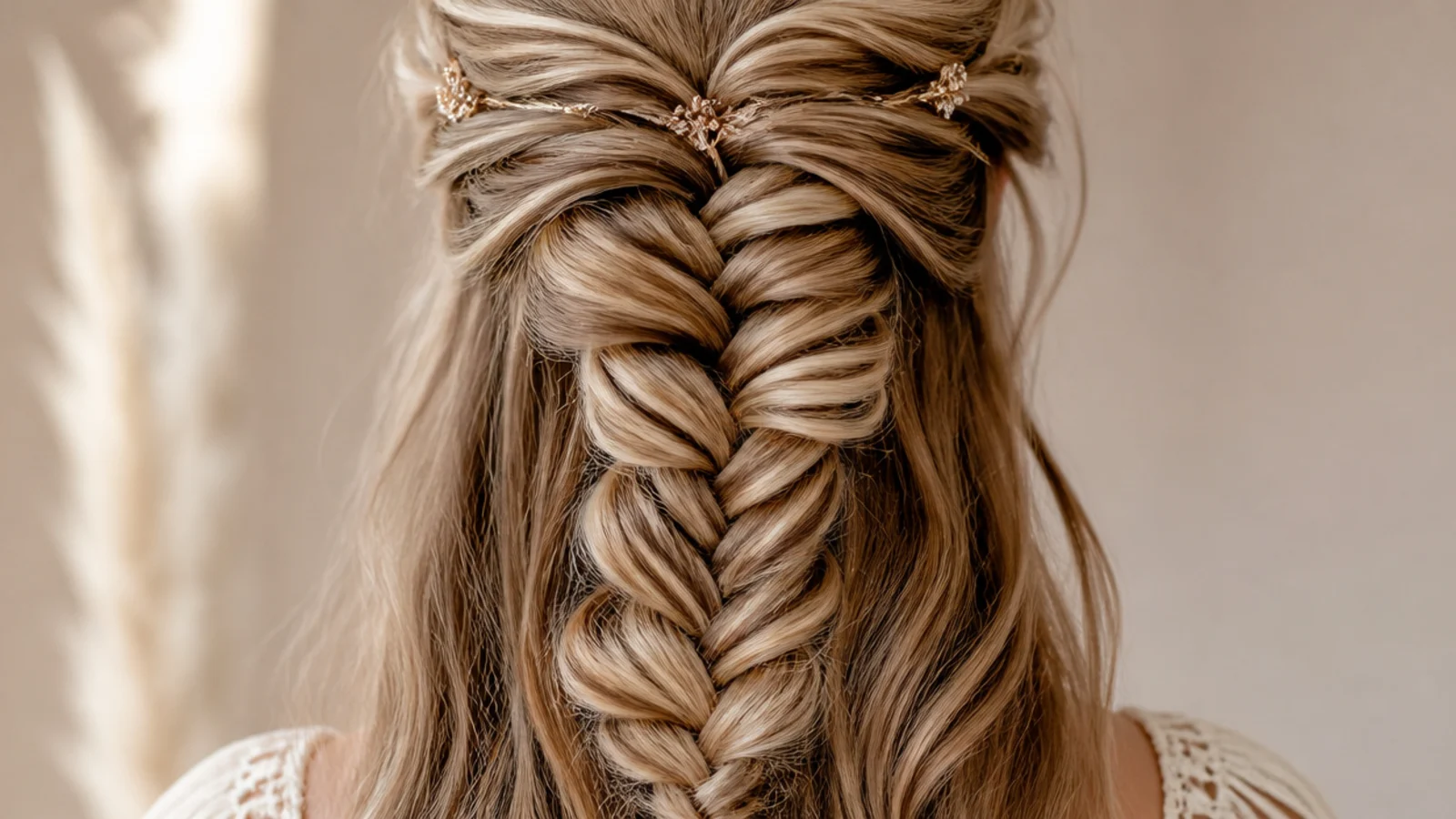 A thick long braid built with clip in wefts hidden under the parting