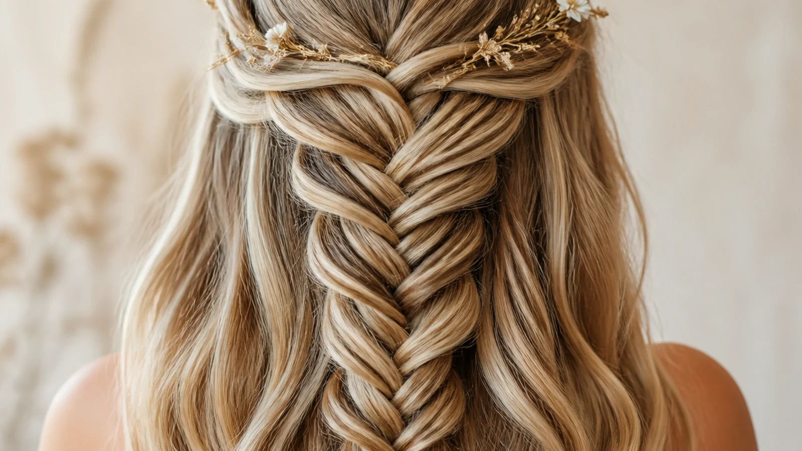 A braid on balayage blonde hair with lightness showing on the loops