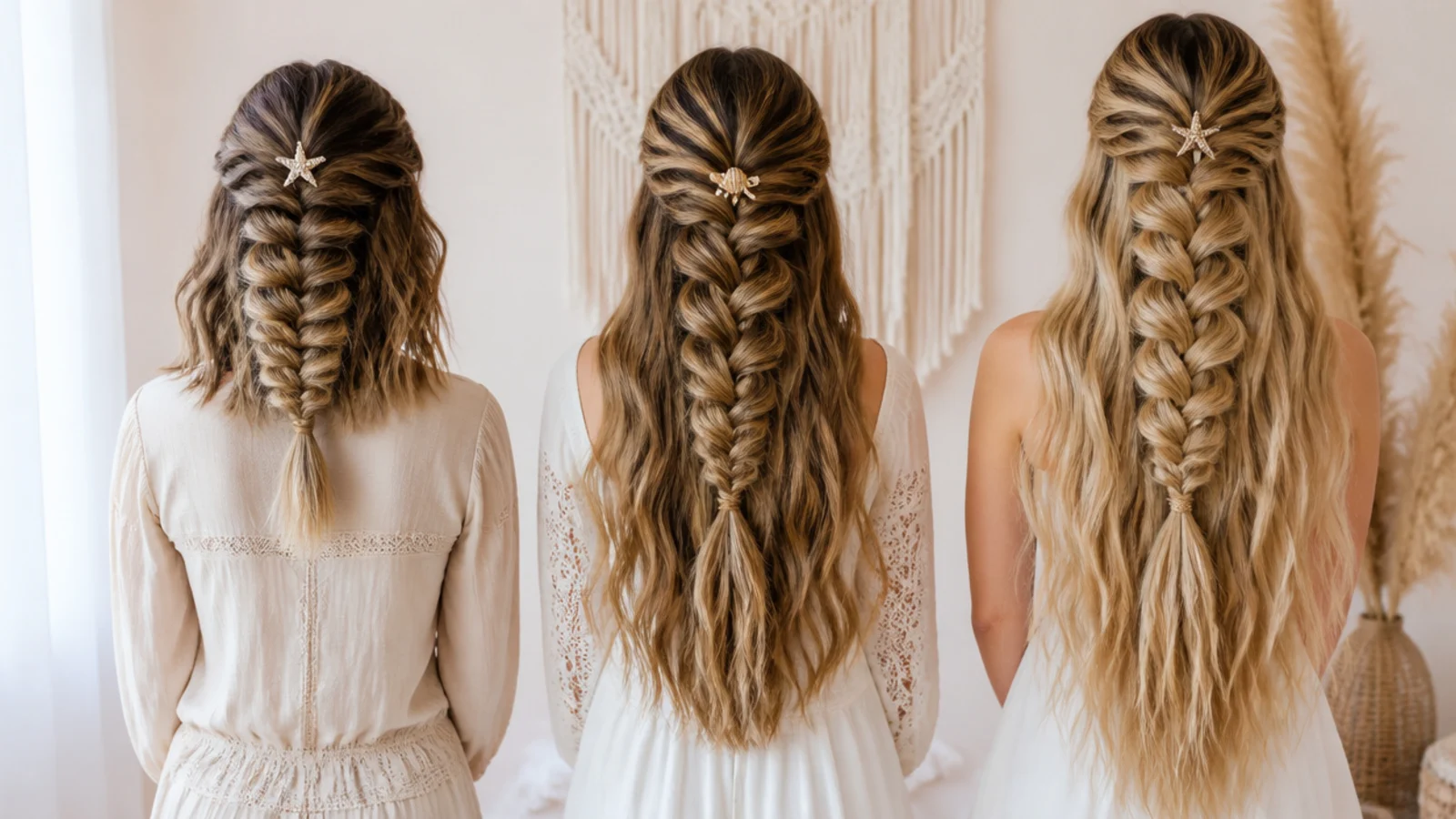 Three half up braids compared on shoulder length, mid back and waist length hair