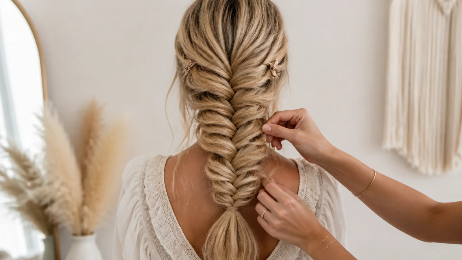 Fingers tugging the outer edge of a braid to widen it near the elastic