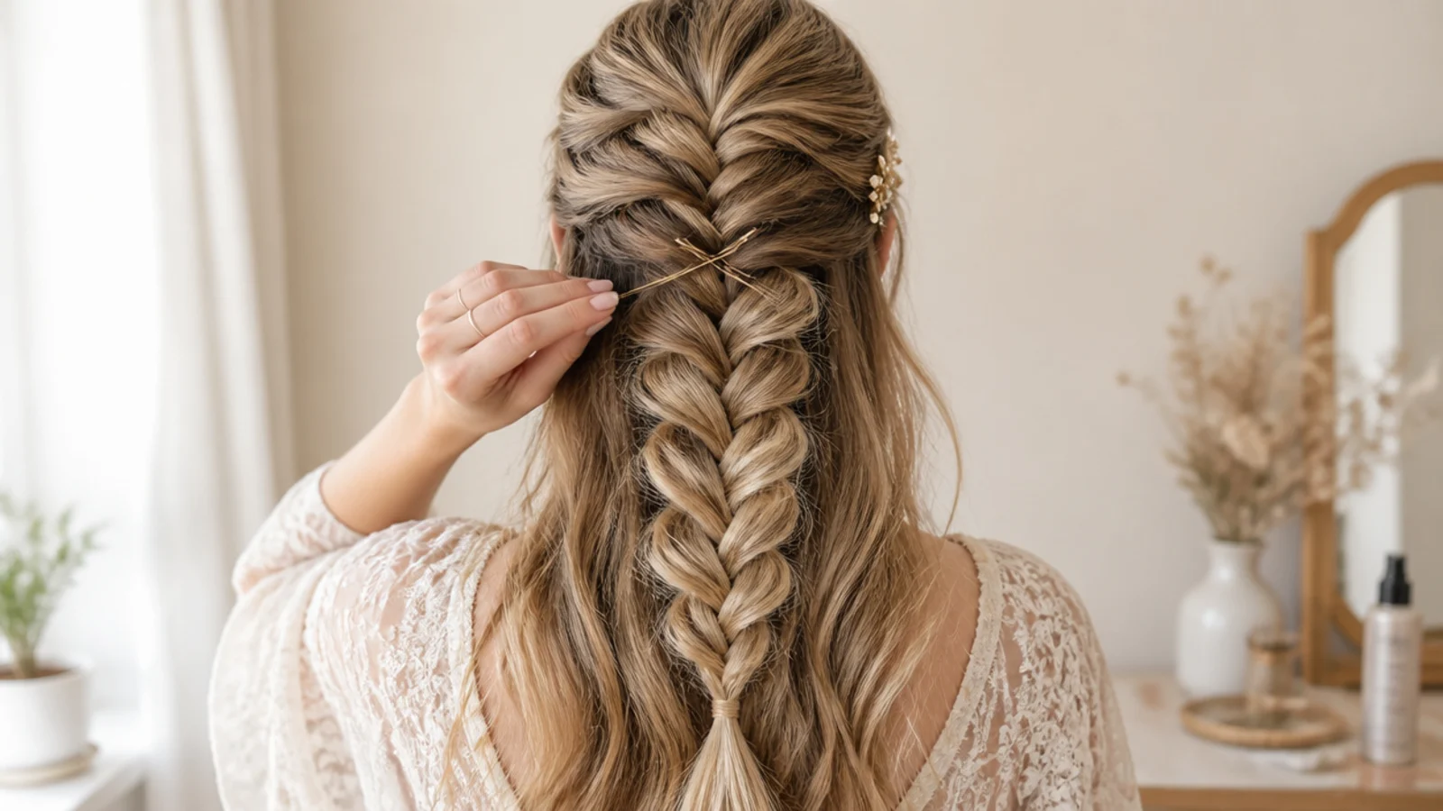 A braid being retightened at the back of the head at the end of the day