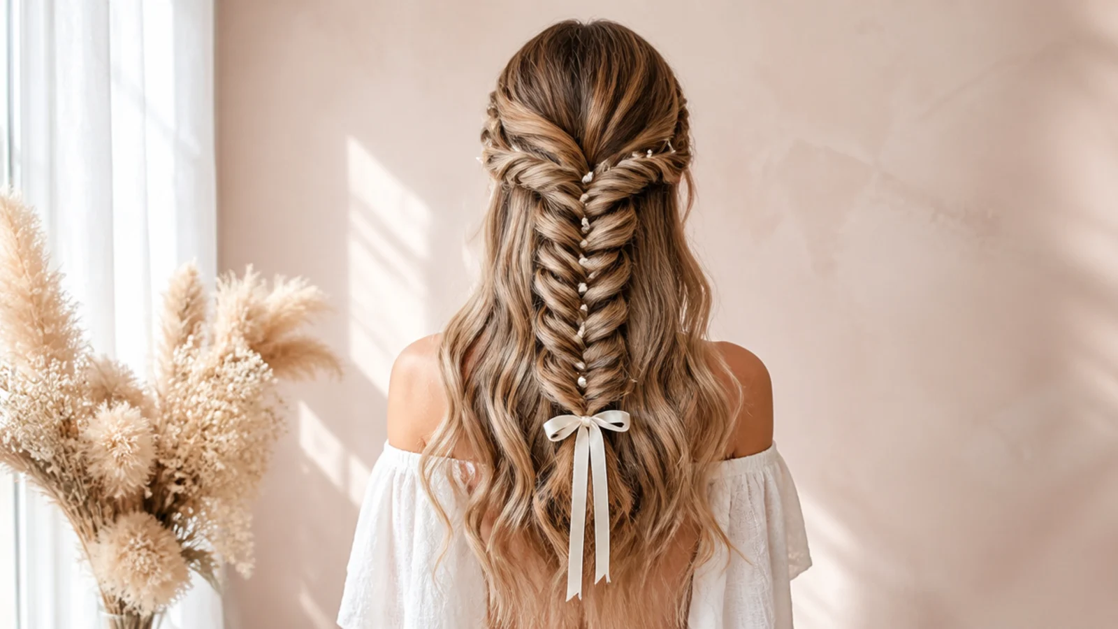 A boho braid with a woven ribbon and small pins over loose waves