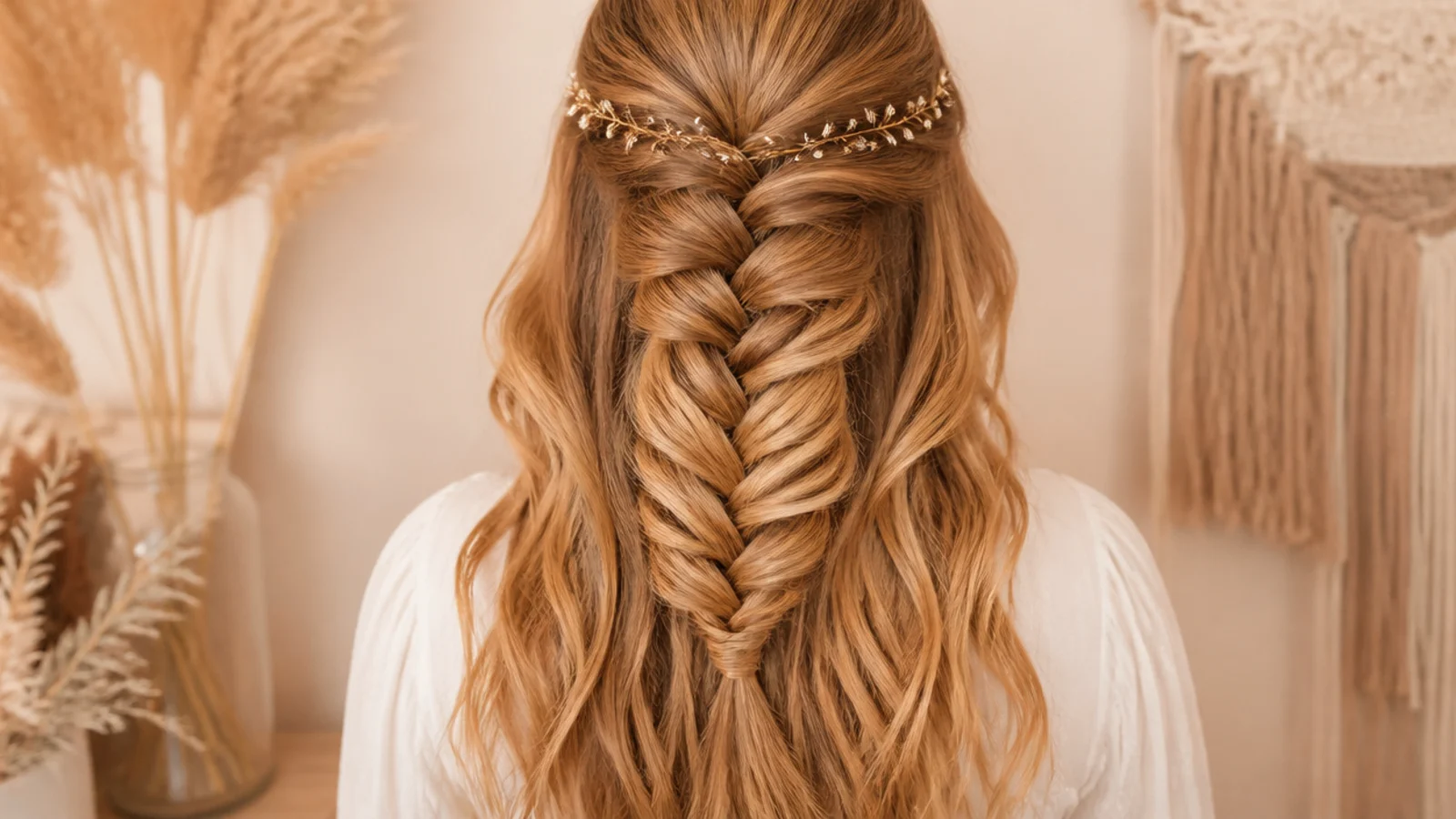 Close view of the V shaped crossings of a fishtail braid over loose hair