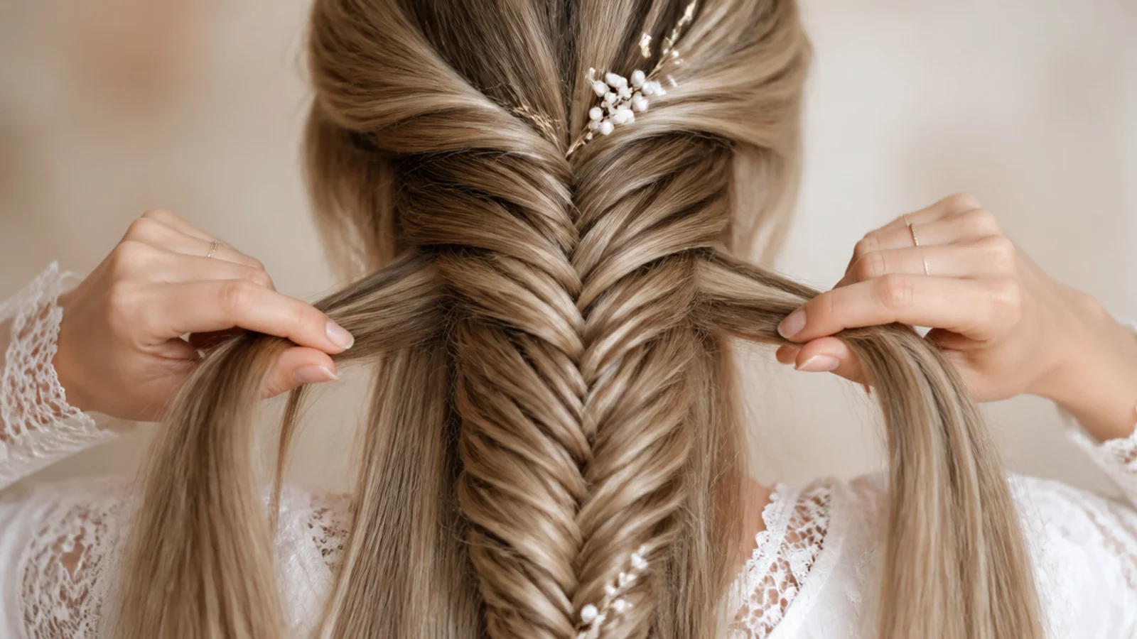 Hair separated into two equal halves held in each hand