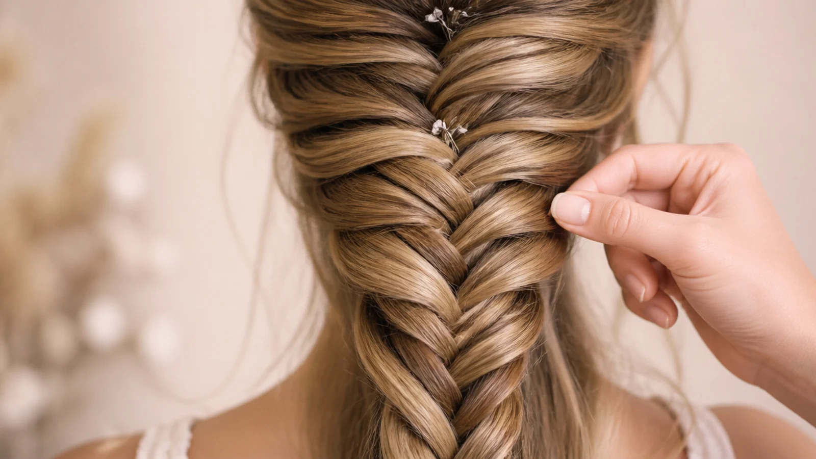 Finger and thumb pulling the outer edge of one braid loop sideways