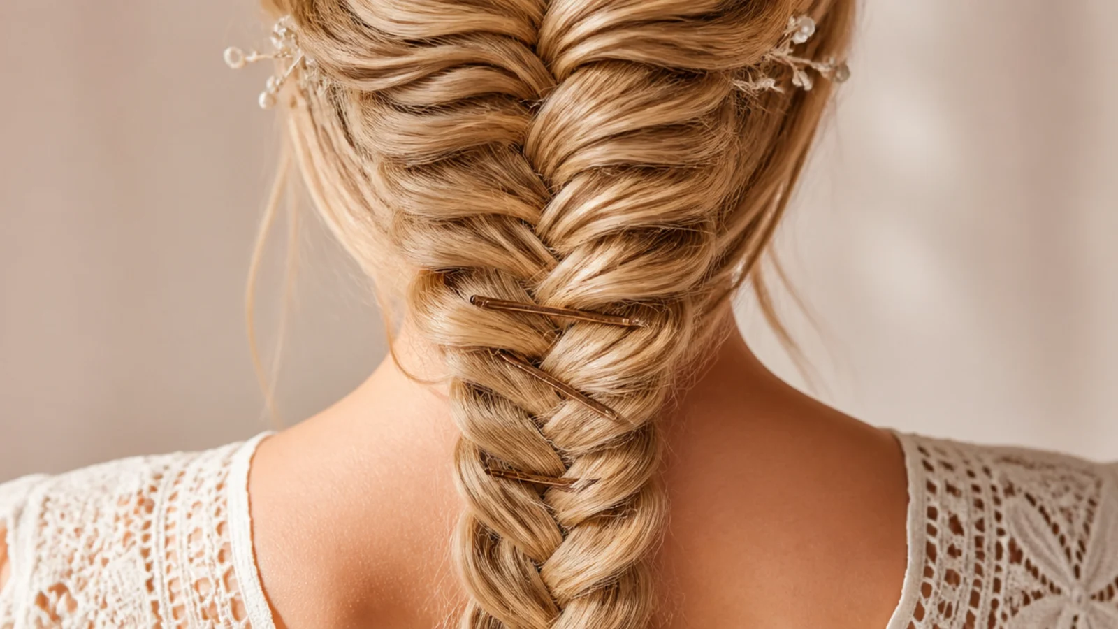 A pin being pushed into the underside of a braid out of sight