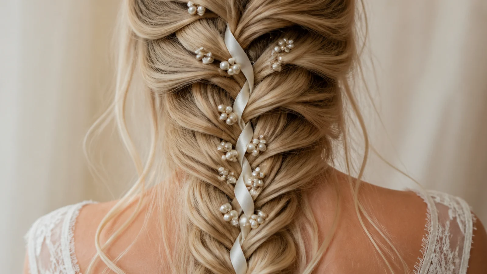 Small pearl and shell pins placed into the open loops of a braid