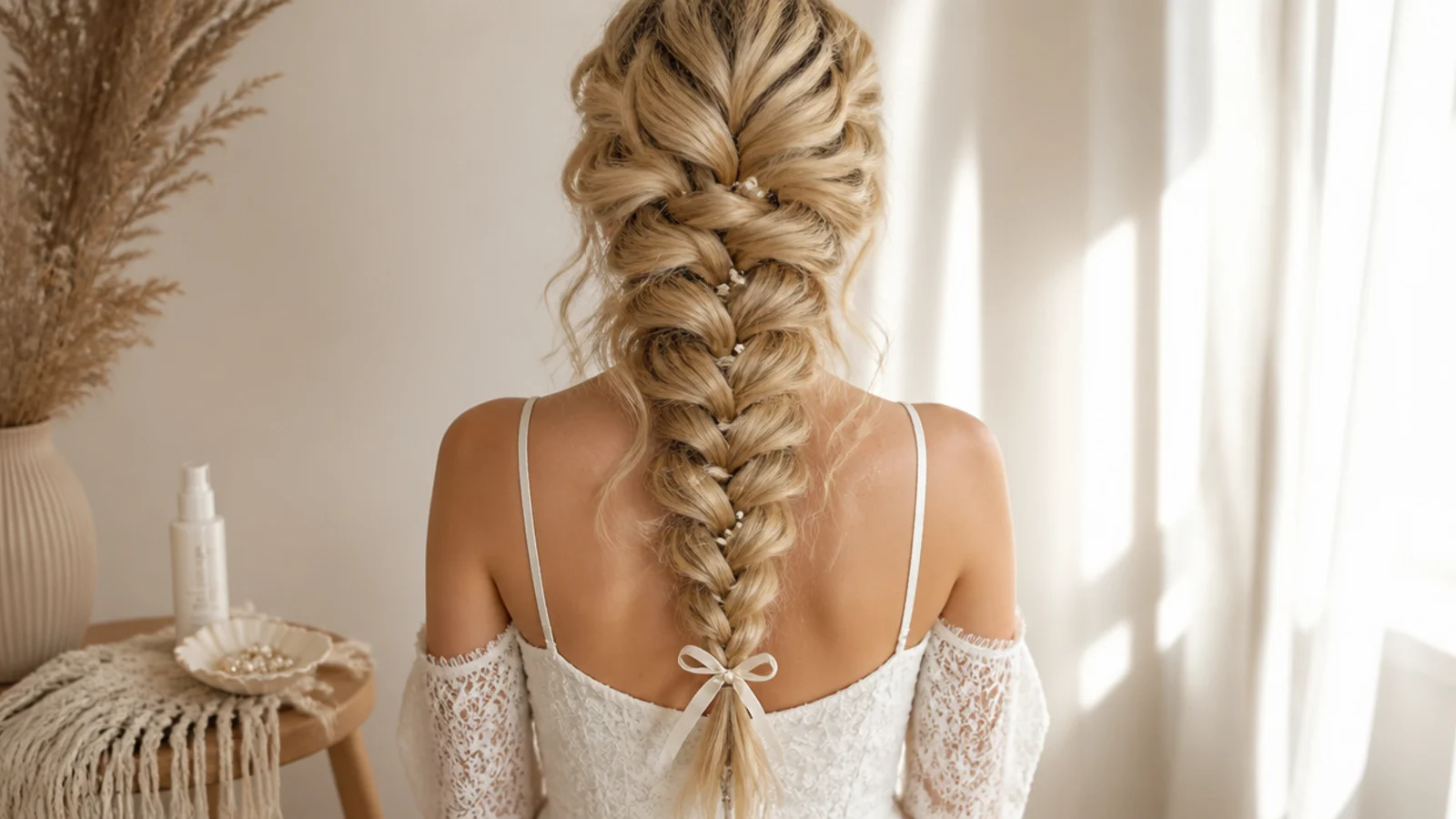 A ribbon and small metal cuffs worked into a loose braid