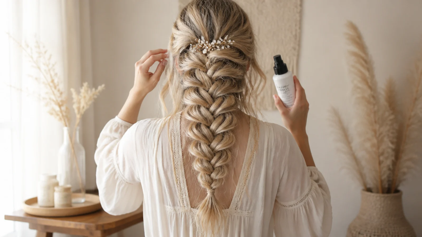 A texture spray being worked into fine light hair before braiding