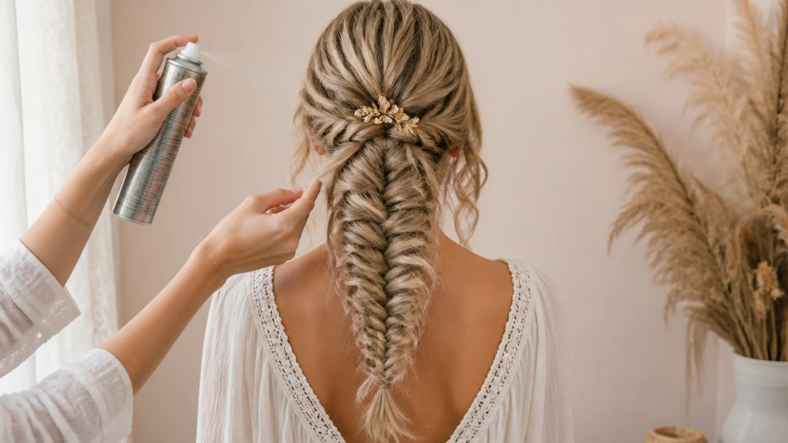 Texture product being distributed through dry hair with the fingers