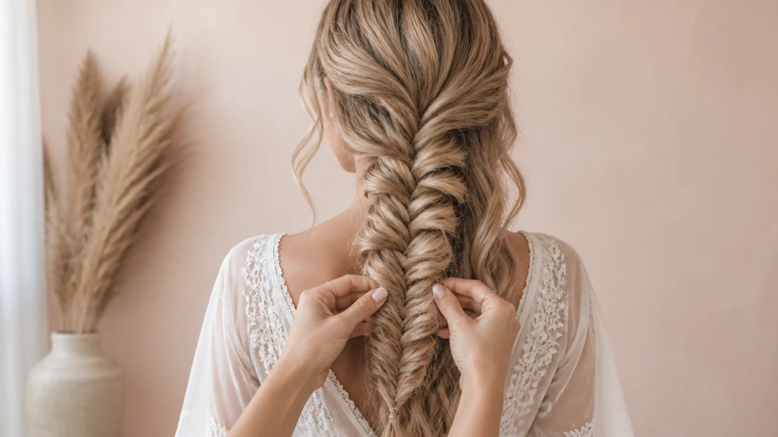 Waved hair swept over one shoulder ready to be braided