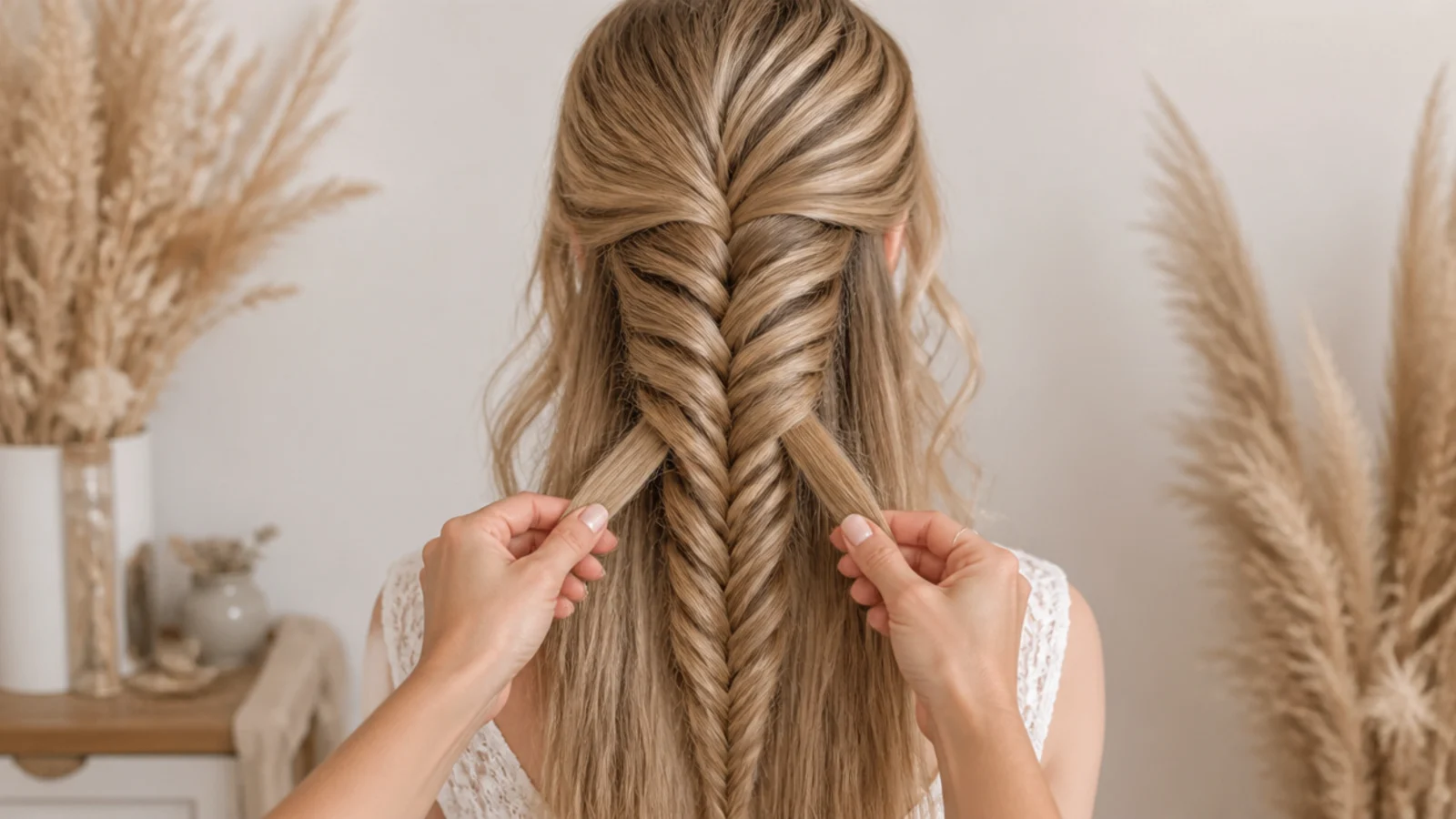 Two even sections of hair separated and held apart