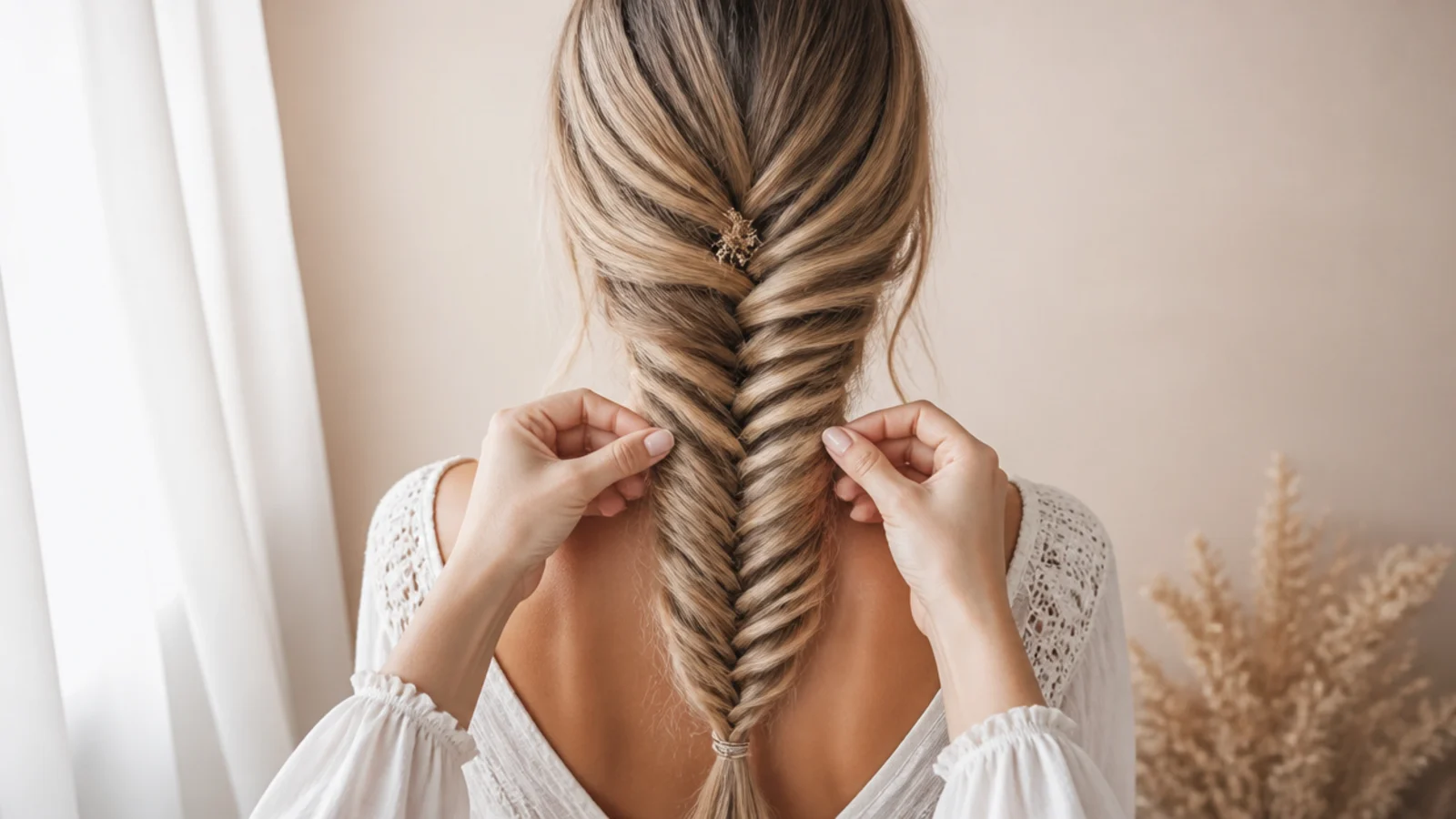 A thin piece being crossed from one half of the hair into the other