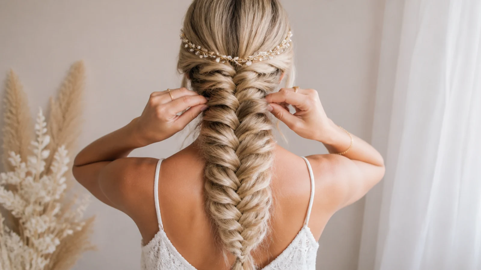 Braid loops being pulled wide one at a time from the elastic upwards