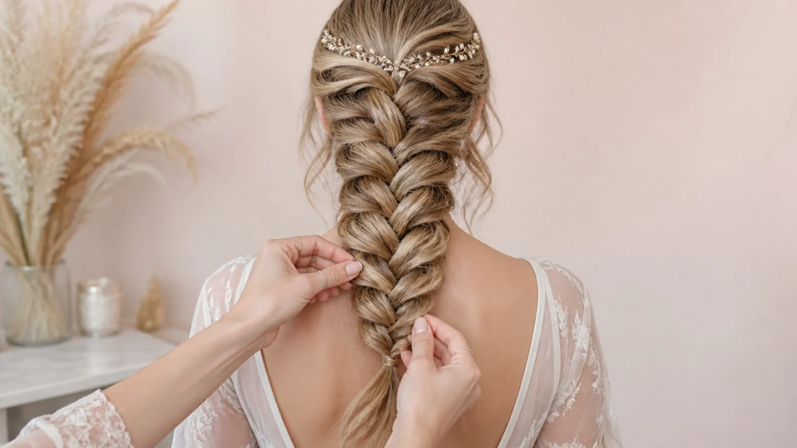 A finished wide mermaid braid seen from behind with soft ends