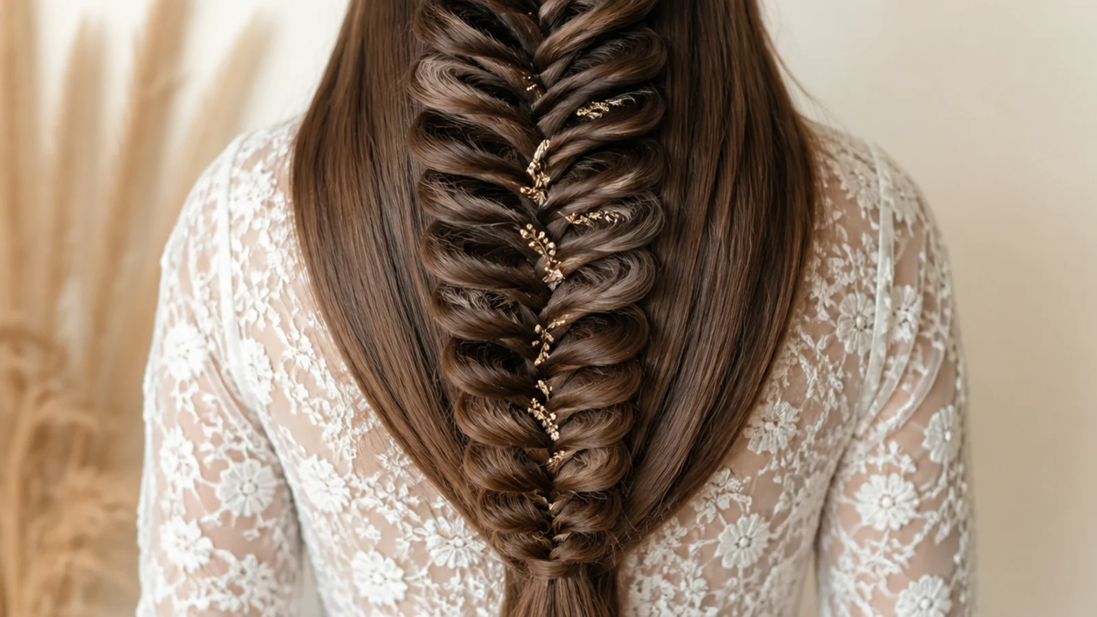 A precise fishtail braid running down waist length straight hair