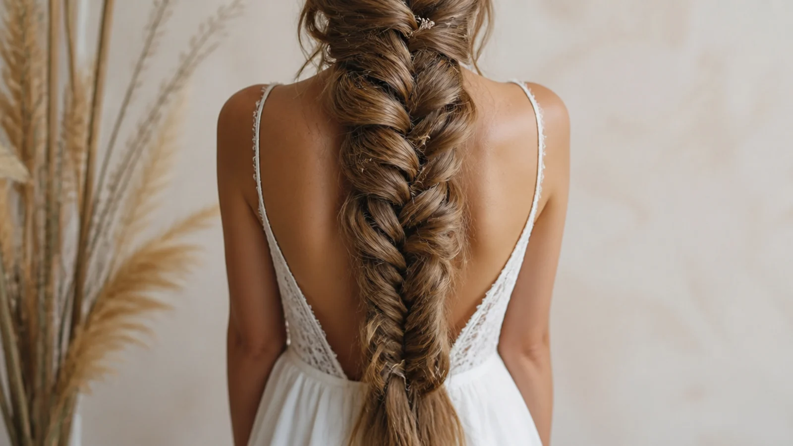 A very long thick braid built with clip in extensions reaching the hip