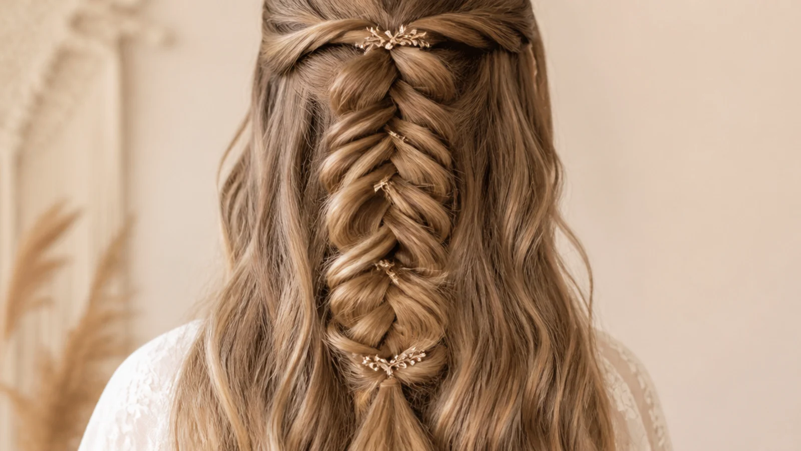 A braid over the top of long loose hair with the ends left free