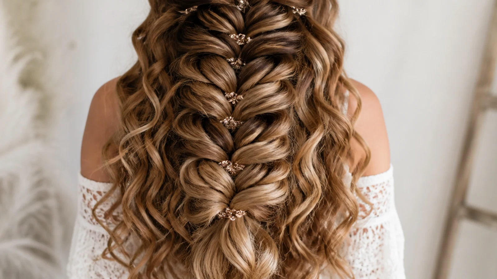 A thick braid worked through long curly hair with coils escaping