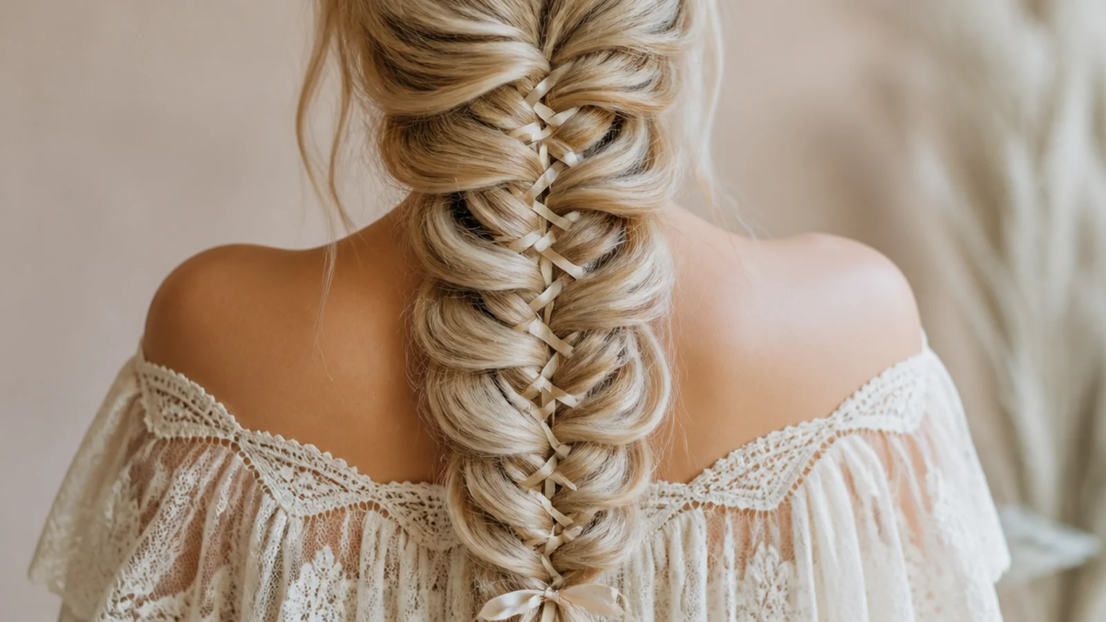 A long braid with ribbon surfacing repeatedly along its length