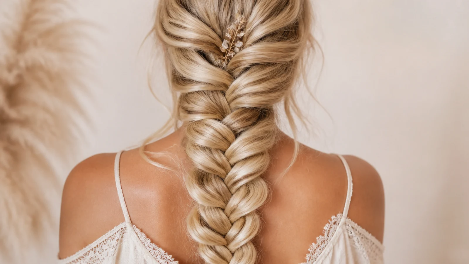 A long blonde braid with a deeper root shade at the crown