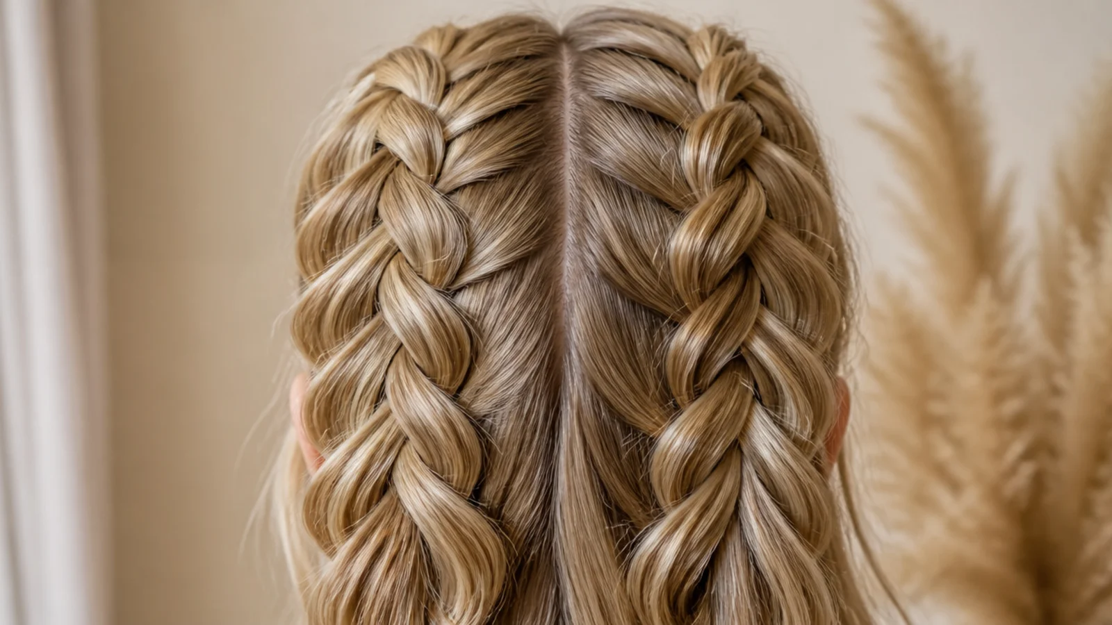 Two long fishtail braids falling down either side of the back