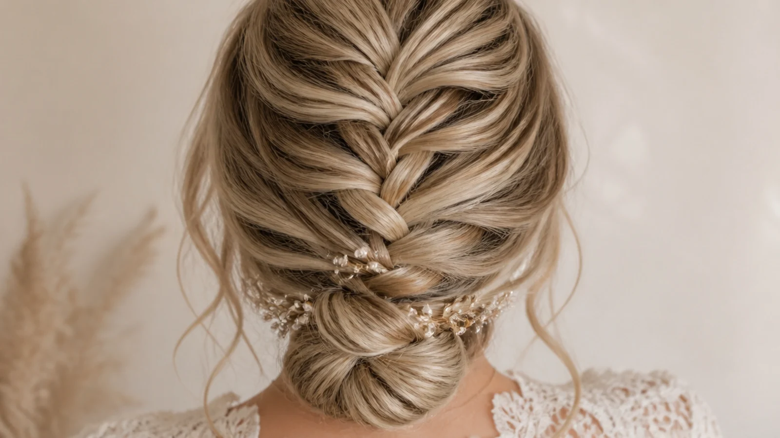 A long braid coiled into a soft low bun at the nape