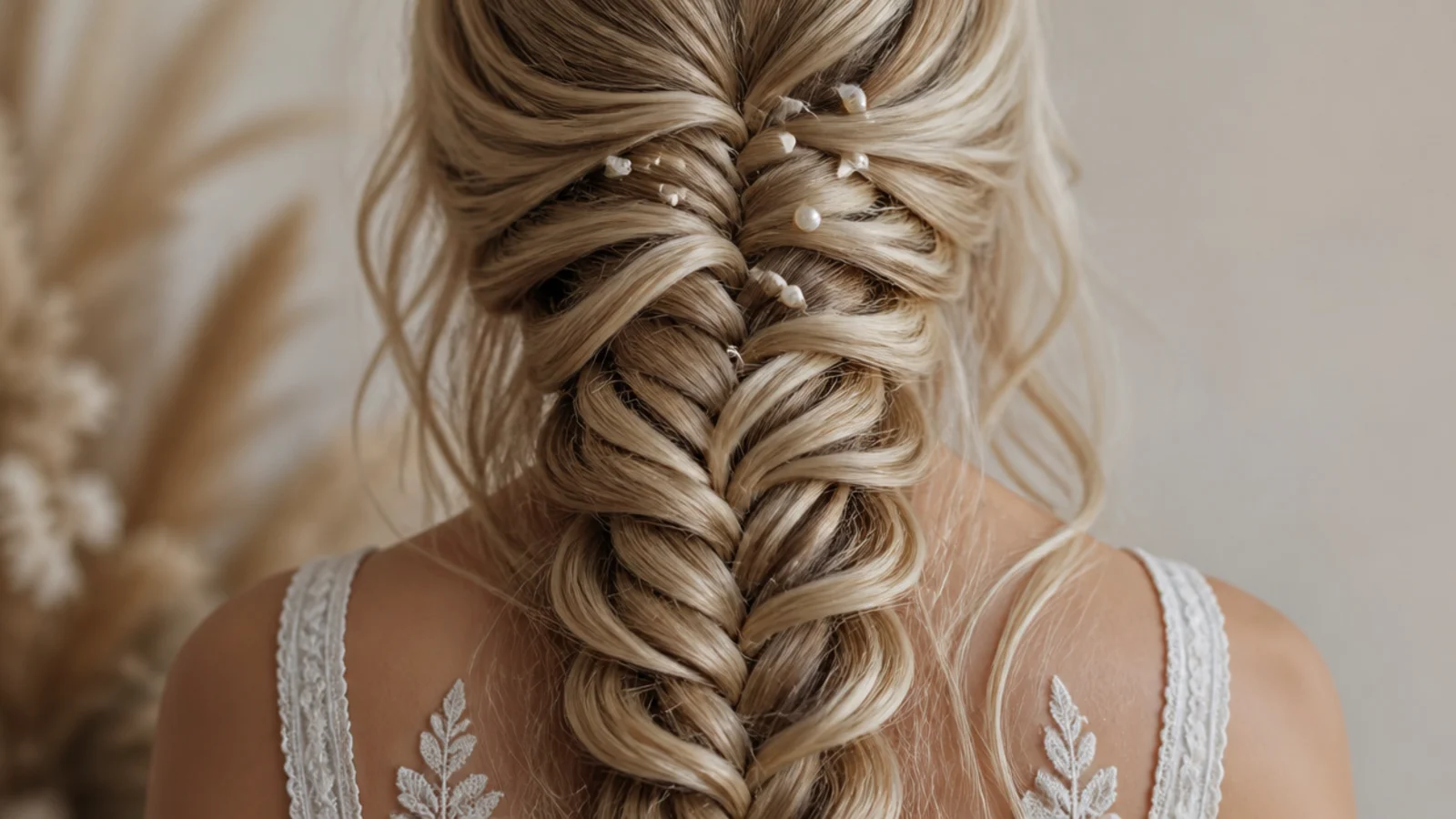 Pearl topped pins dotted along the open loops of a long braid