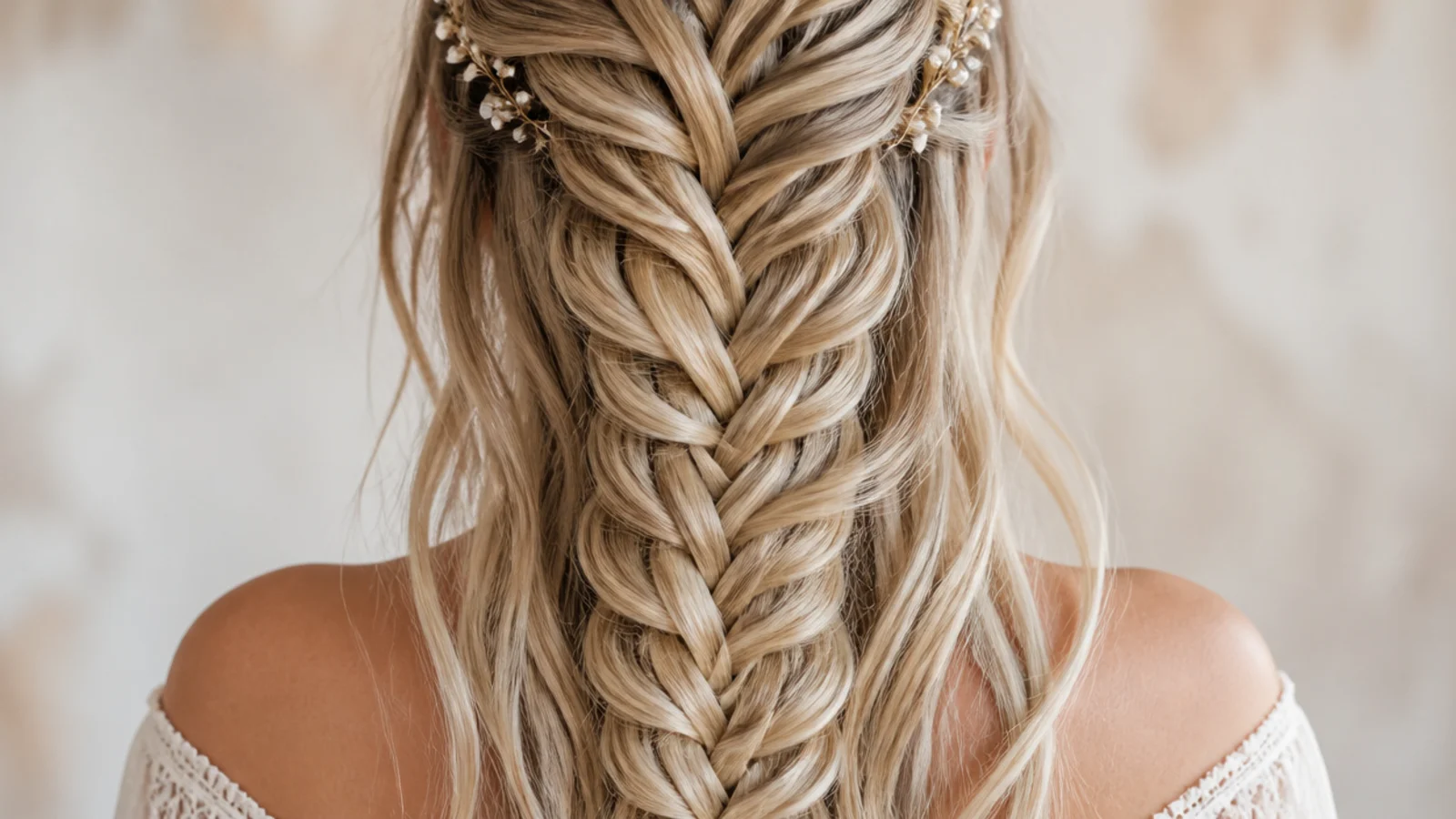 A waterfall braid crossing the head with strands falling through into a long fishtail