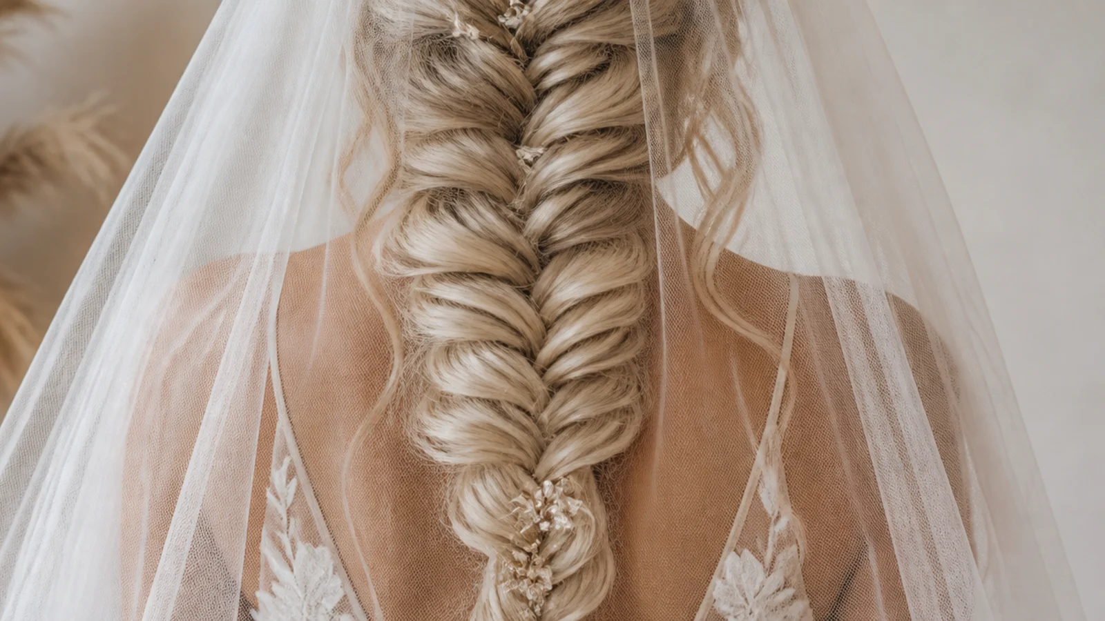 A long flat braid lying under a sheer veil at the back of the head