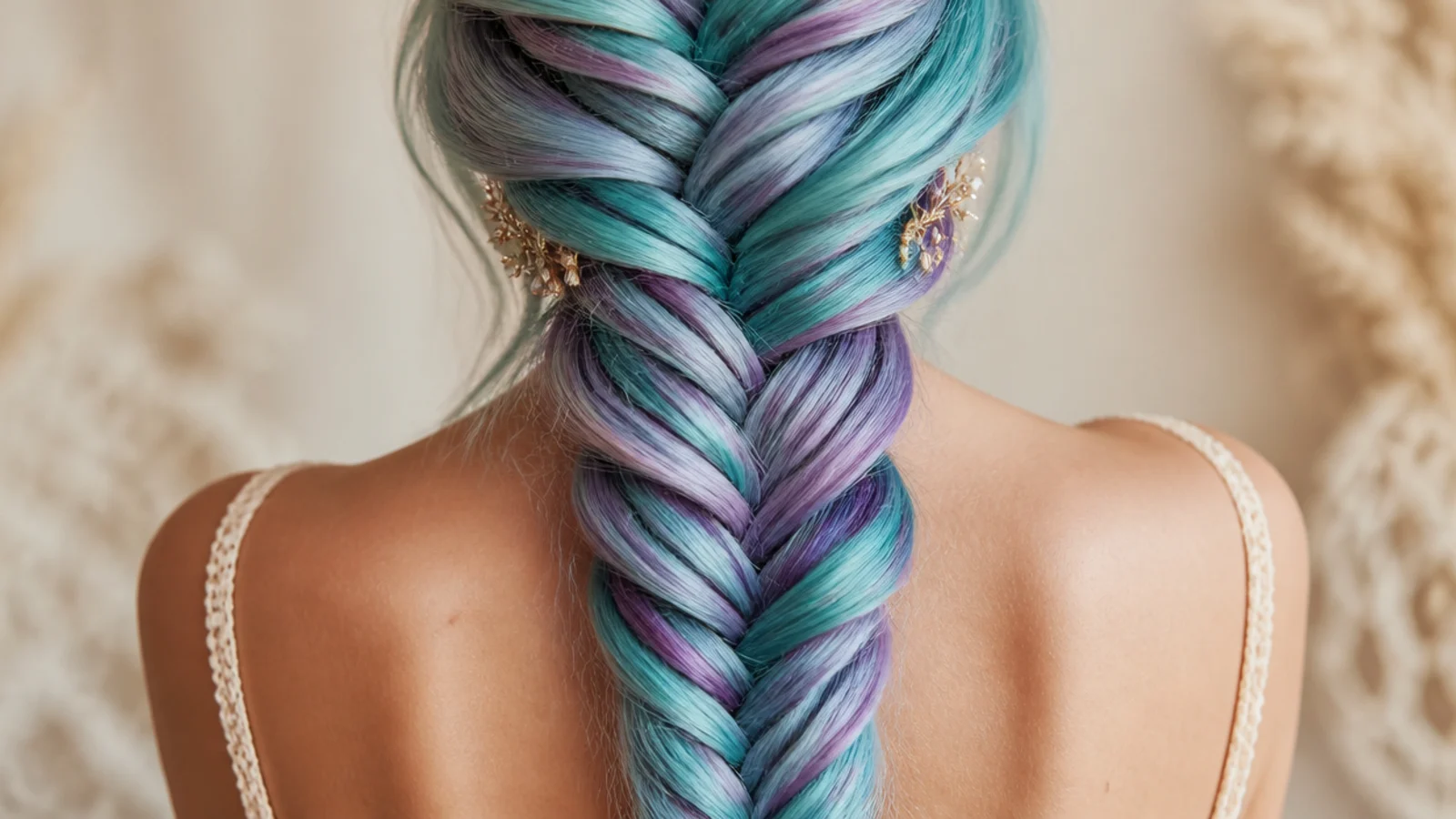 A long braid in blended pastel blue and green tones