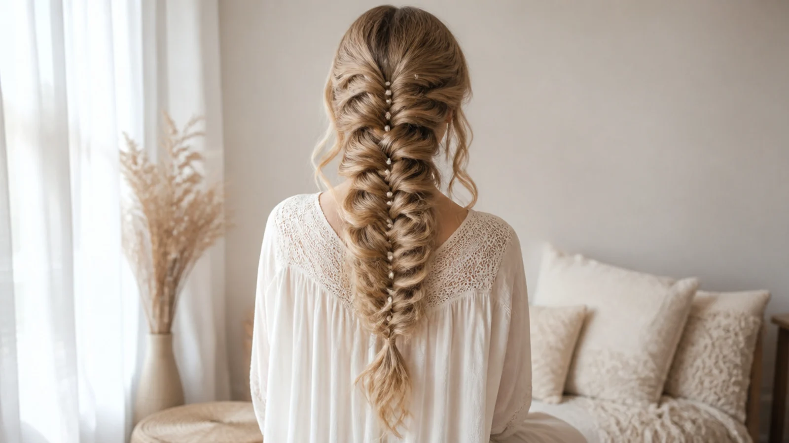 Ribbon and small metal cuffs decorating the lower half of a long braid