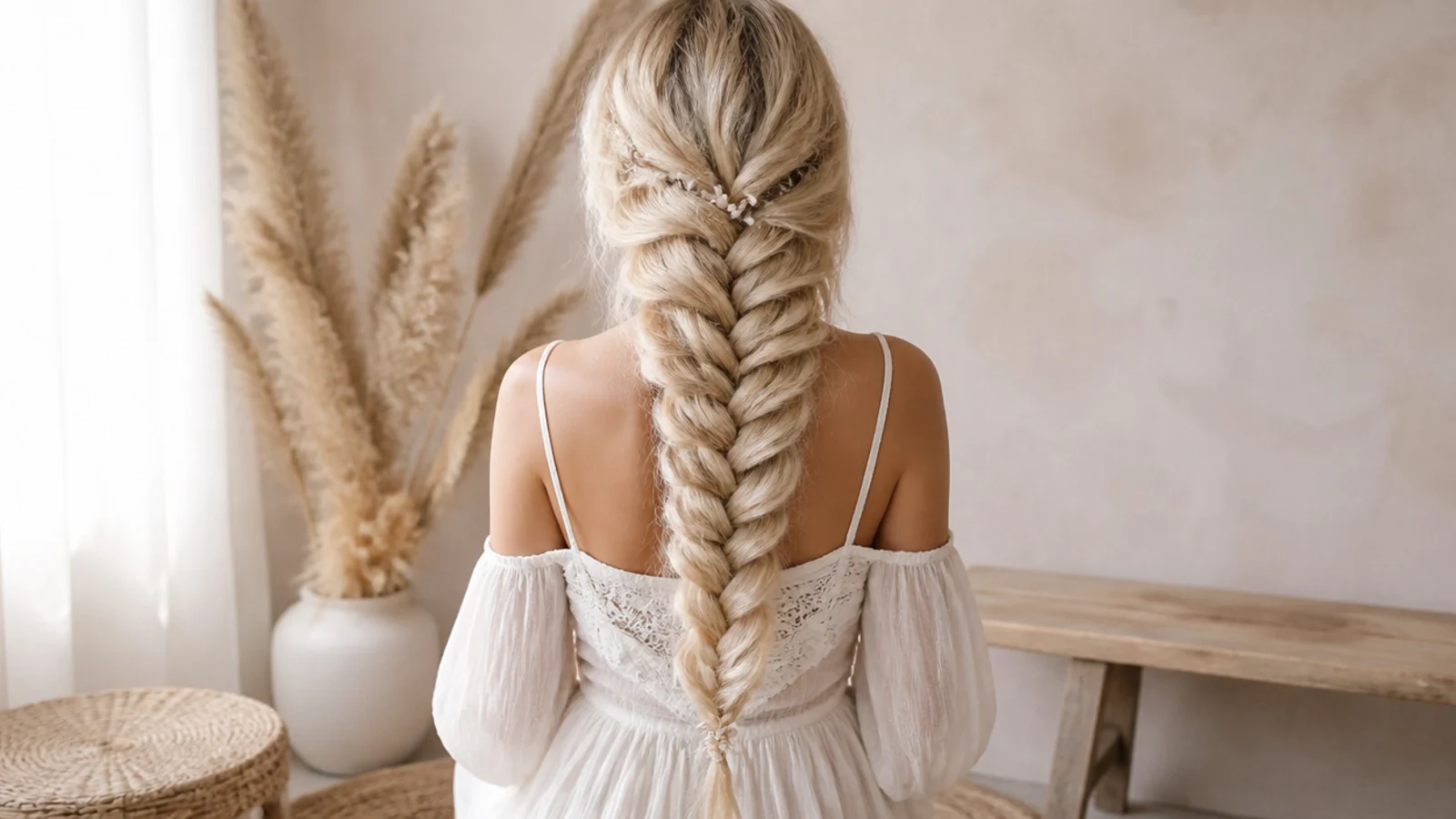 A long braid on fine blonde hair widened to disguise its thin ends