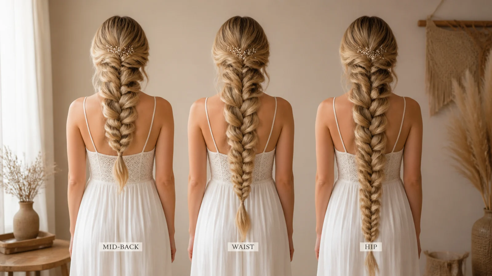 Braids compared at mid back, waist and hip length on three heads of hair