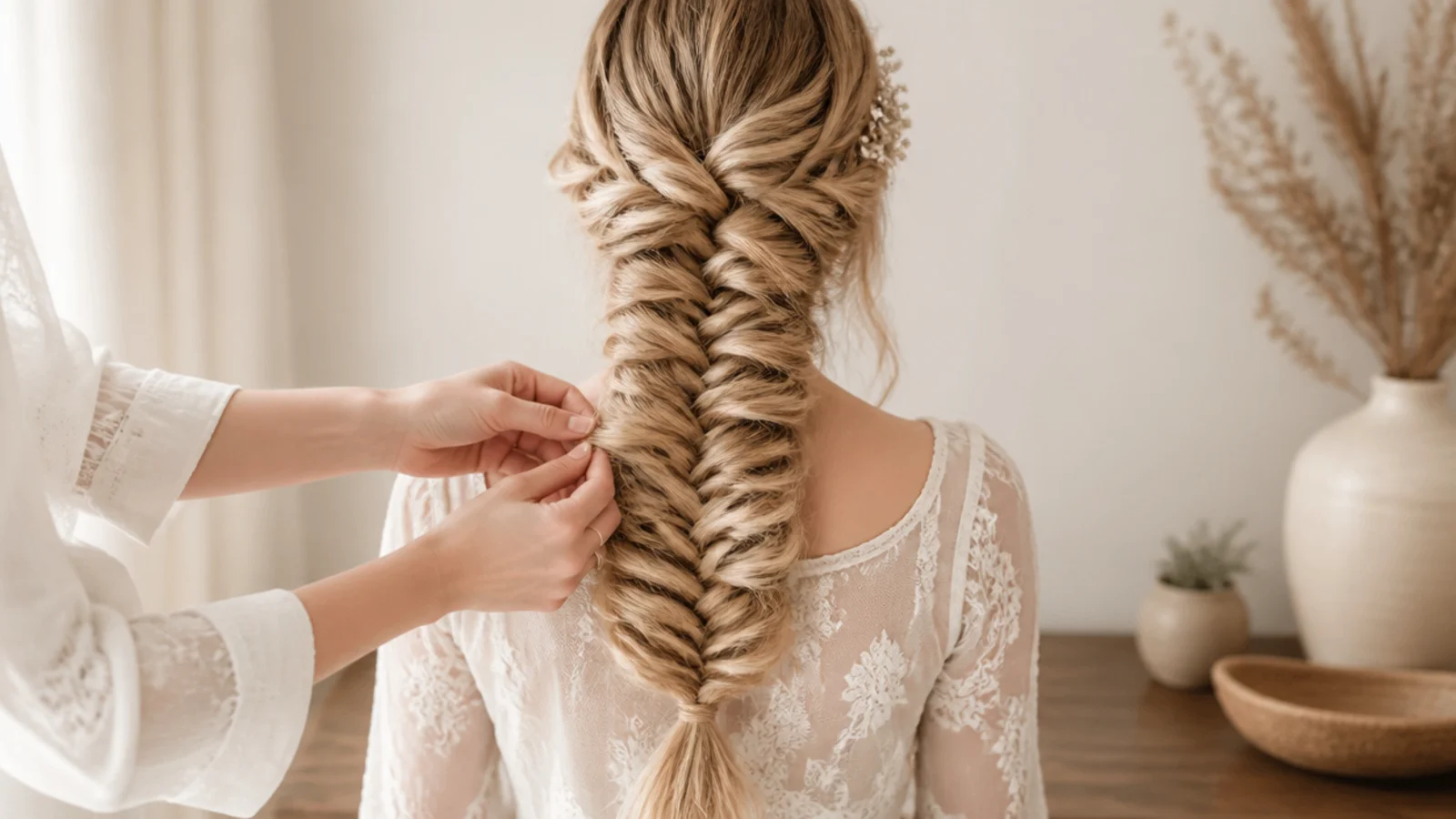 Hands widening the loops of a long braid working upward from the elastic