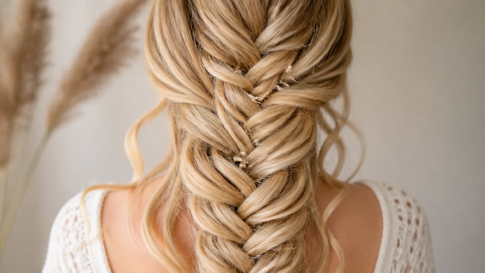 A soft curled braid swept over one shoulder on fine hair