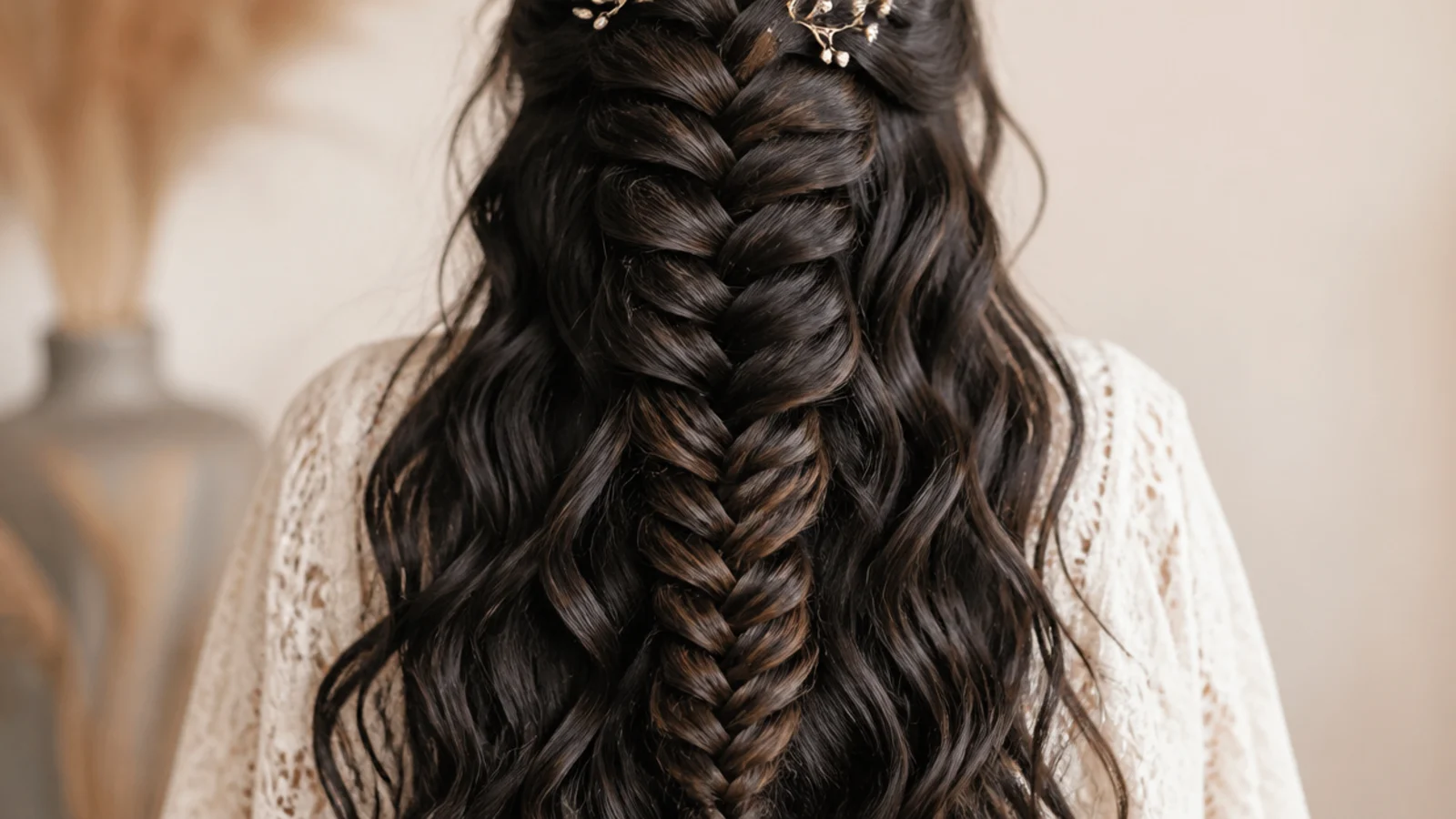 Long barrel curled hair with a braid running through the centre