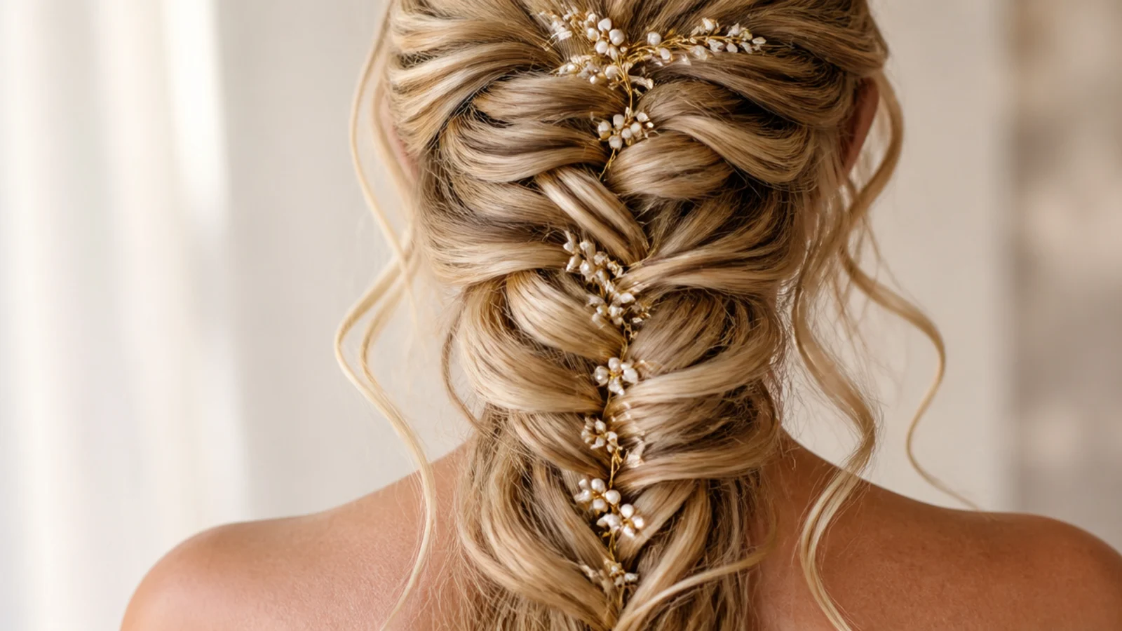 Curled pieces left down at the temples beside a loose braid