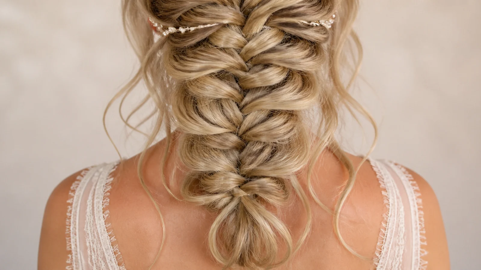 A short braid over curled ends on shoulder length hair