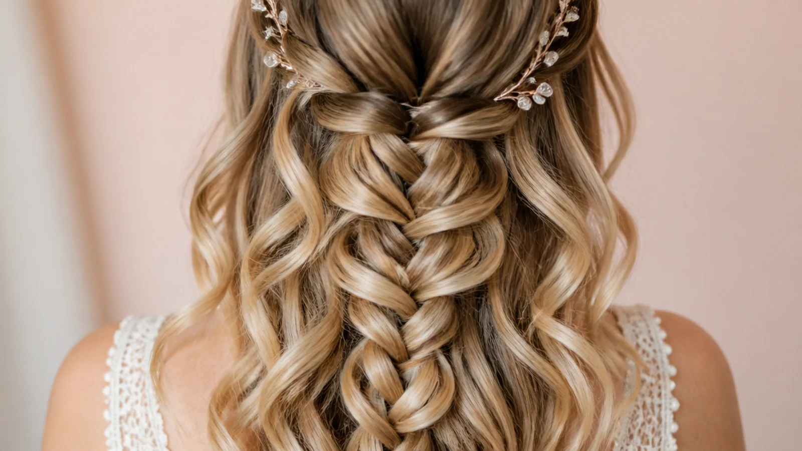 Curls falling through a waterfall braid across the back of the head