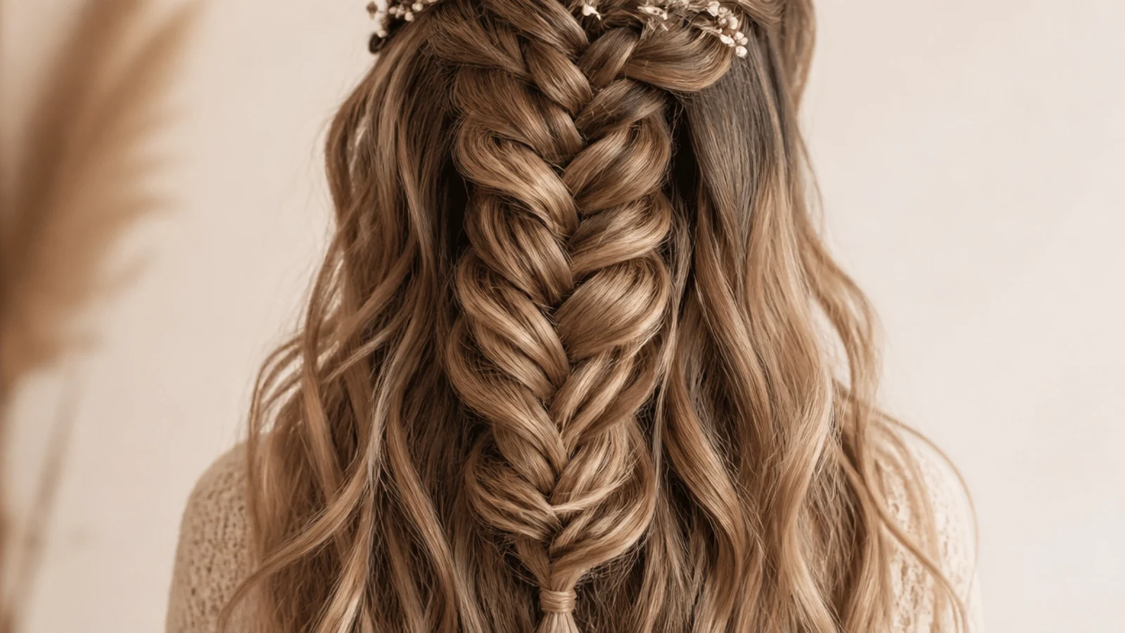 A long waved braid built with clip in extensions hidden under the parting