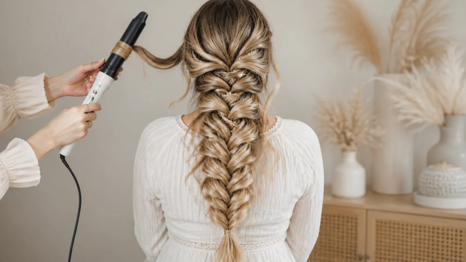 Hair being curled on a wide barrel before any braiding has started