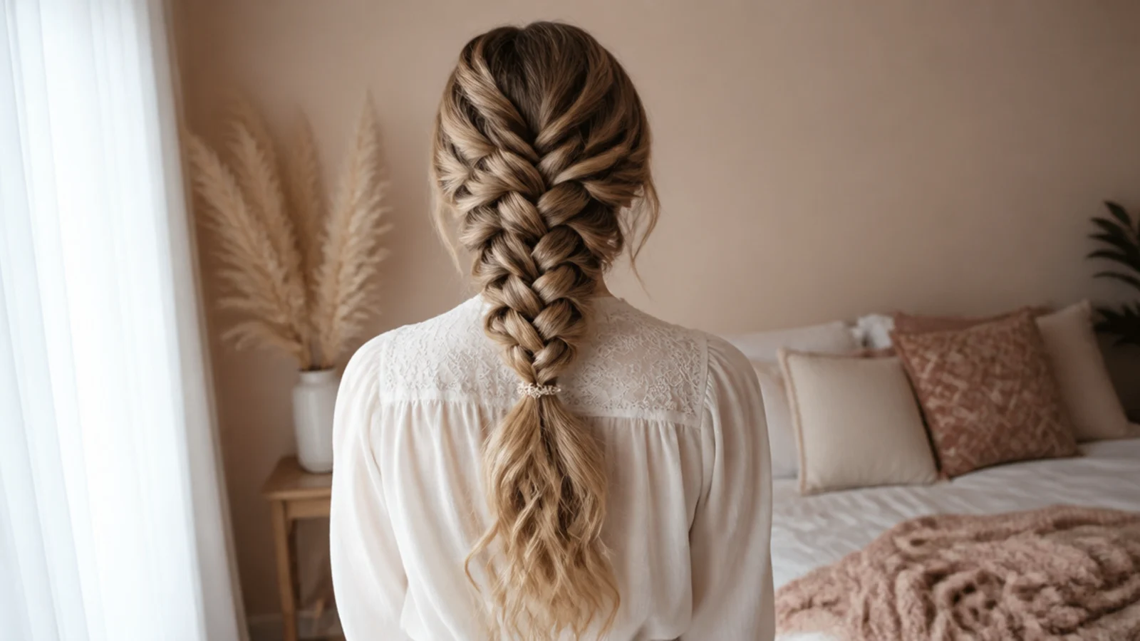 A curled braid still holding its shape late in the day