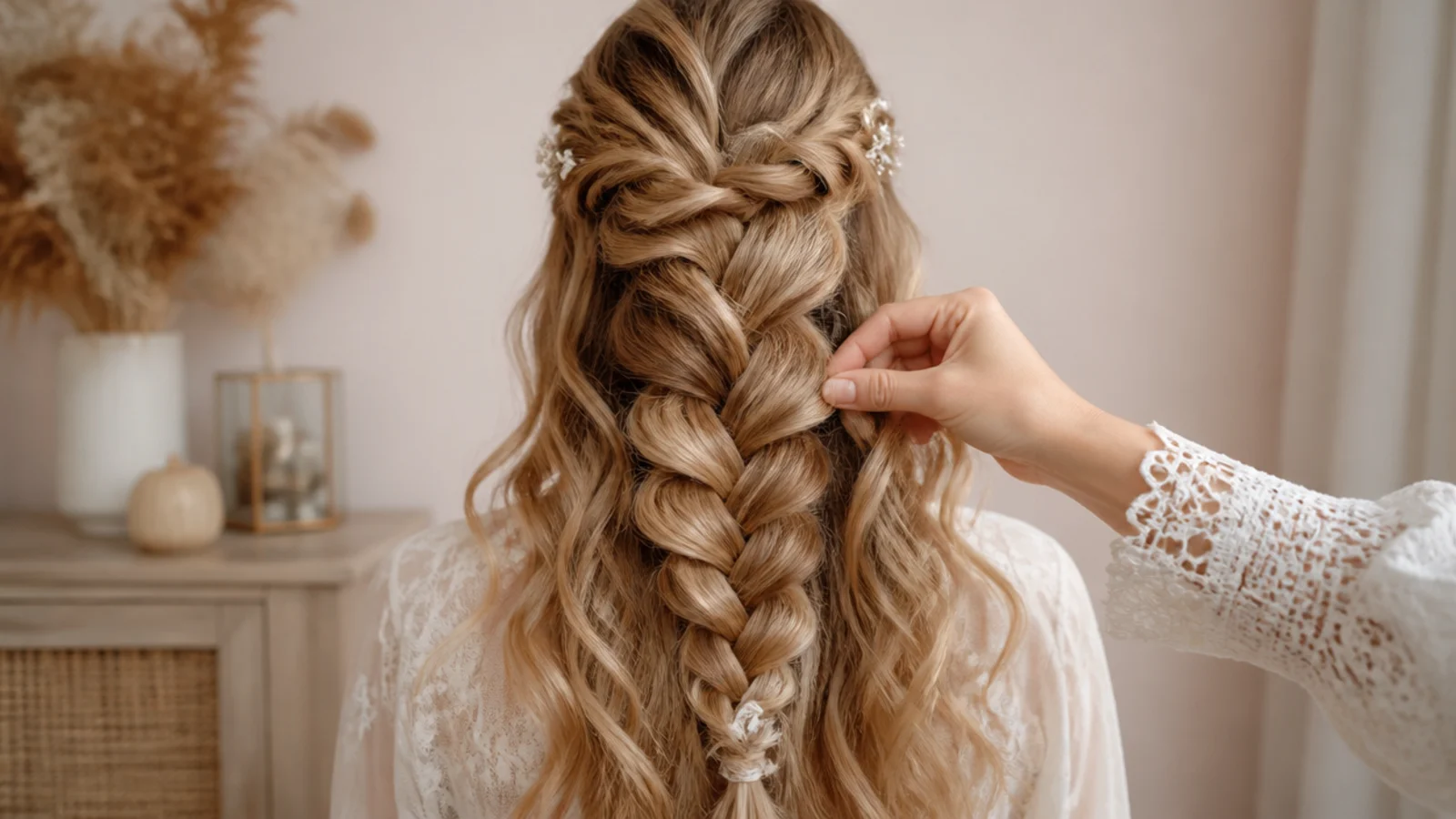 A curled braid being widened loop by loop near the elastic