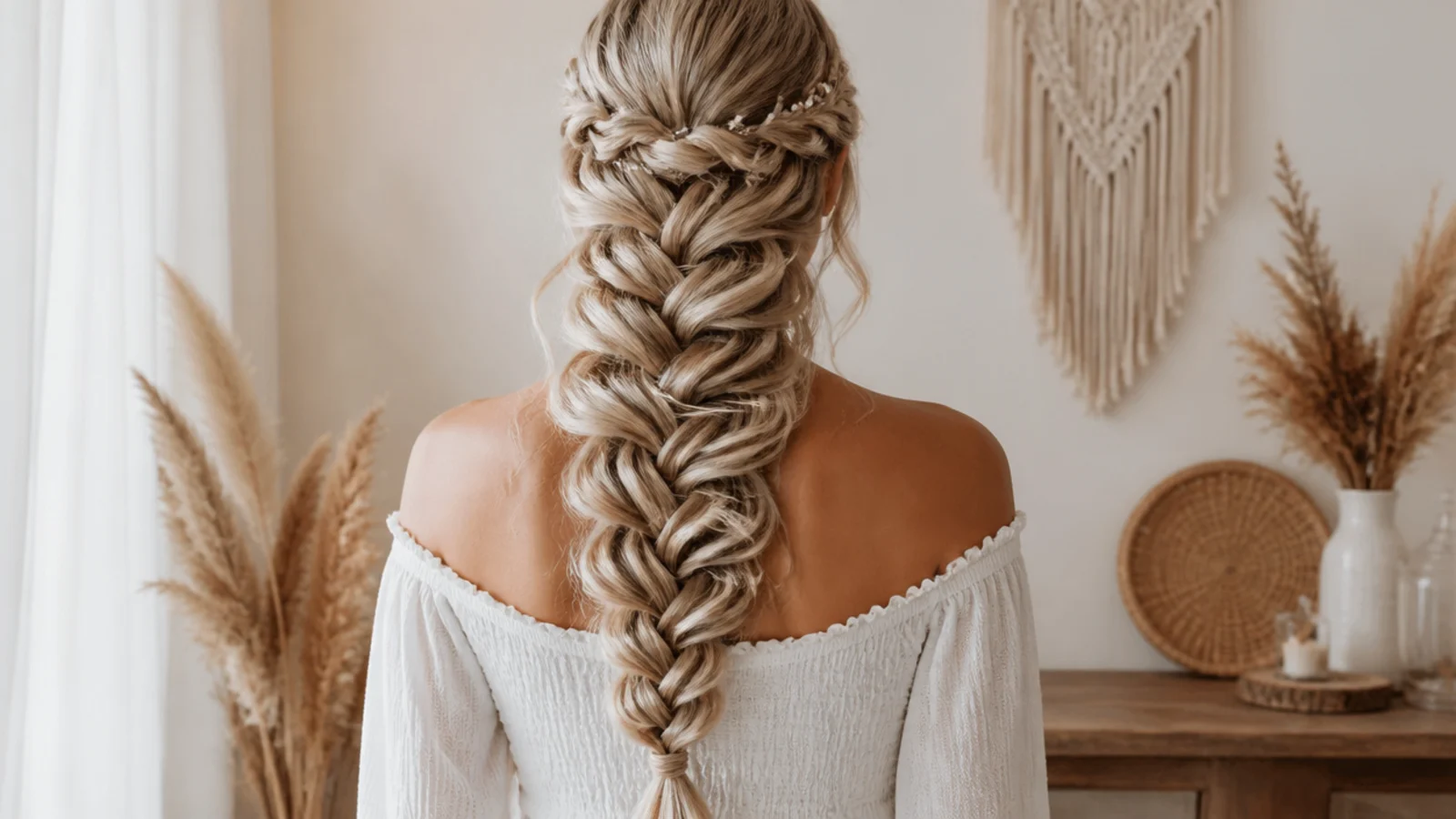 Close view of a braid with curls springing out below the crossings