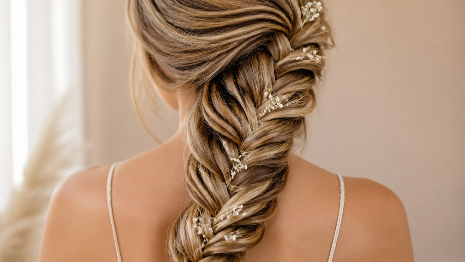 A braid swept over one shoulder above a strapless neckline