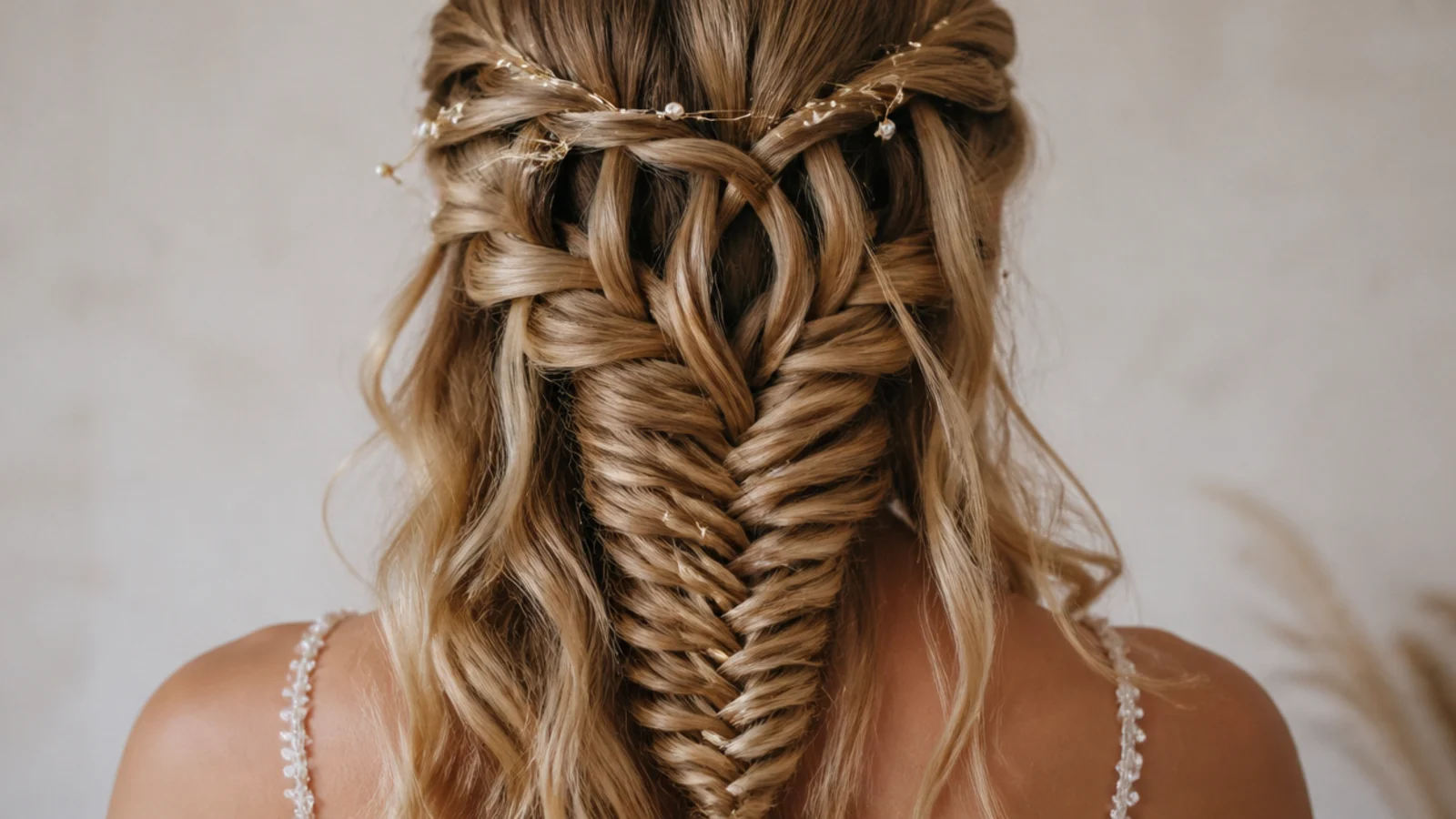 A waterfall braid crossing the back of the head with strands falling through